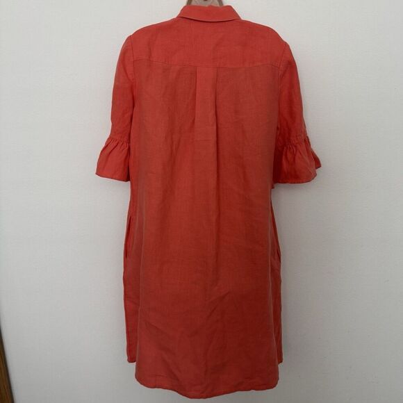 Chicos Linen Orange Fluted Sleeve Shift Dress Sz 8 Pockets Collared Minimalist - Picture 8 of 11